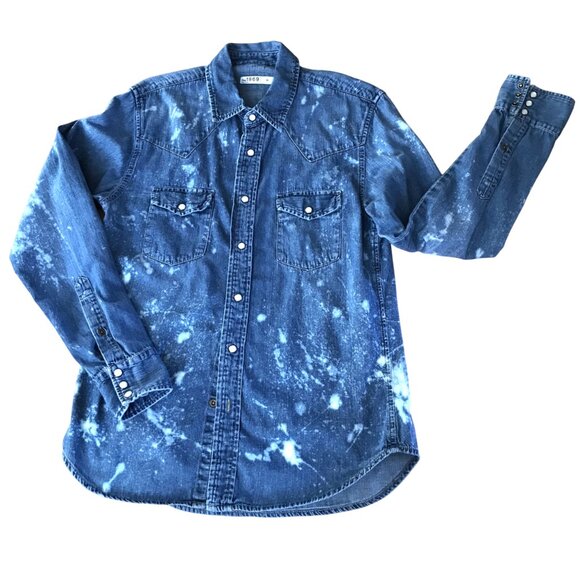 Upcycled Bleach Distressed Denim Shirt, GAP Medium:  Gypsy Soul Snap Closure Top - Picture 2 of 10